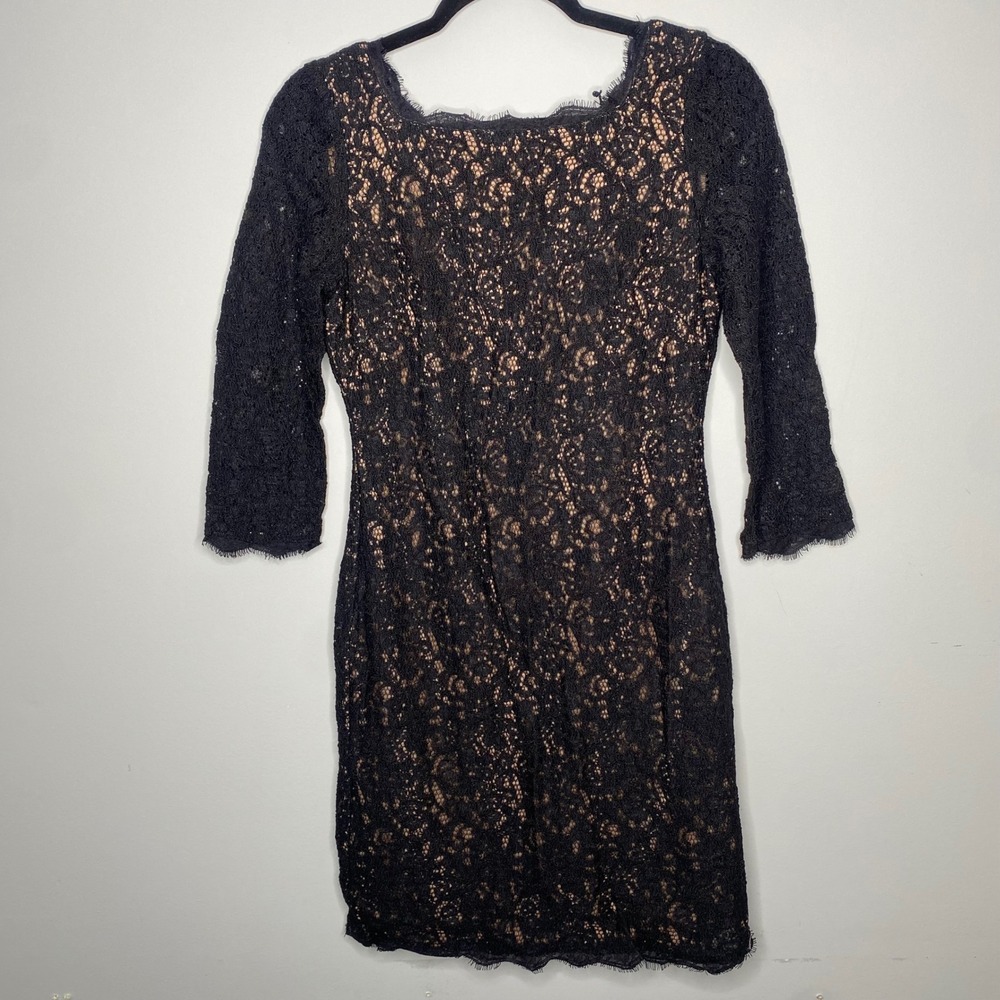 Adrianna Papell Black Lace Sheath‎ Dress Nude Lining Zipper Neck Square Size 6